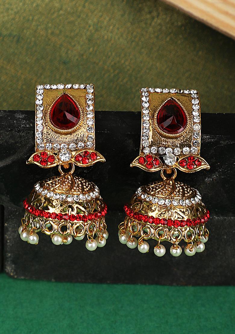 Red Artificial Stone Bead Jhumka Earrings