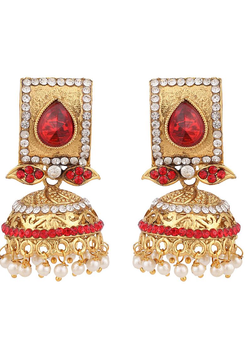 Red Artificial Stone Bead Jhumka Earrings