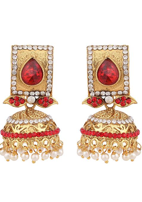 Red Artificial Stone Bead Jhumka Earrings