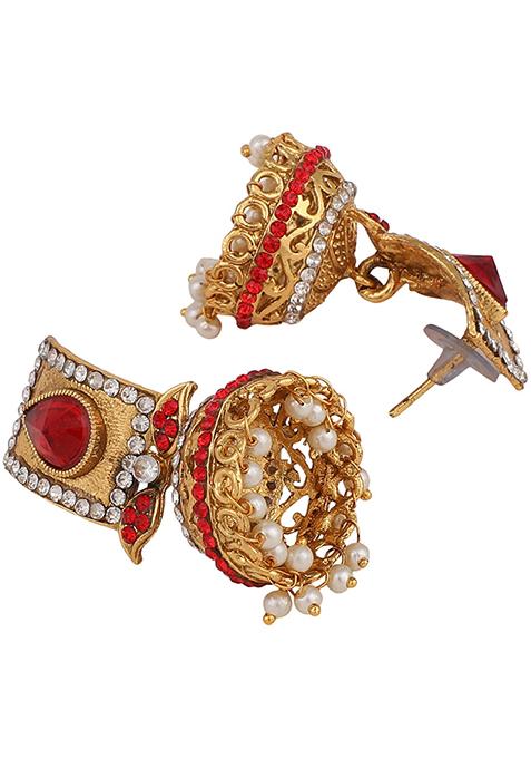 Red Artificial Stone Bead Jhumka Earrings