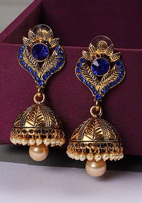 Blue Artificial Stone Bead Jhumka Earrings