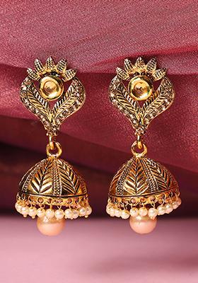 Gold Plated Artificial Stone Bead Jhumka Earrings