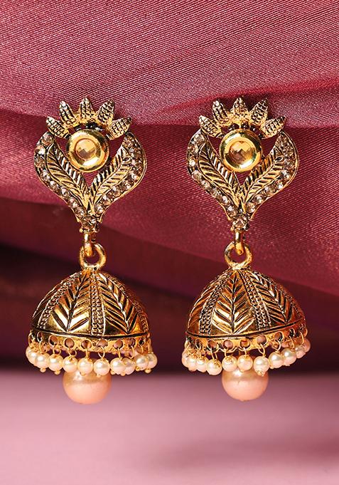 Gold Plated Artificial Stone Bead Jhumka Earrings