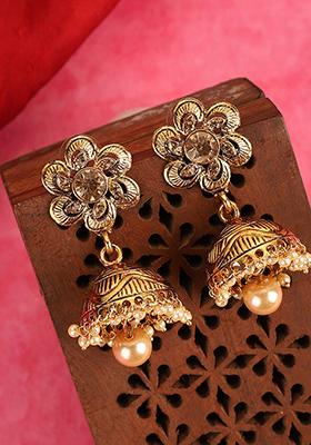 Gold Plated Artificial Stone Bead Jhumka Earrings