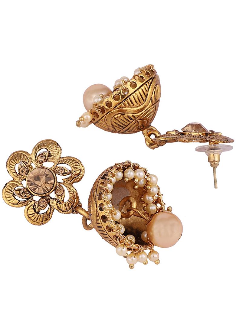 Gold Plated Artificial Stone Bead Jhumka Earrings
