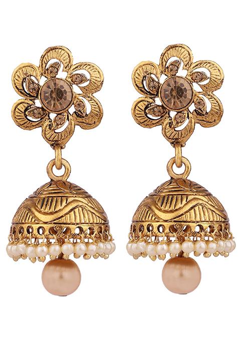 Gold Plated Artificial Stone Bead Jhumka Earrings