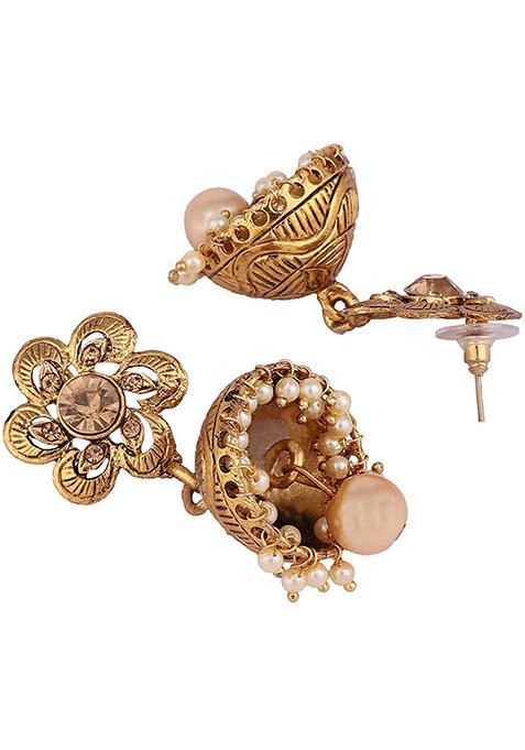 Gold Plated Artificial Stone Bead Jhumka Earrings
