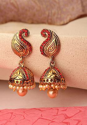 Red Cubic Zirconia Jhumka Earrings