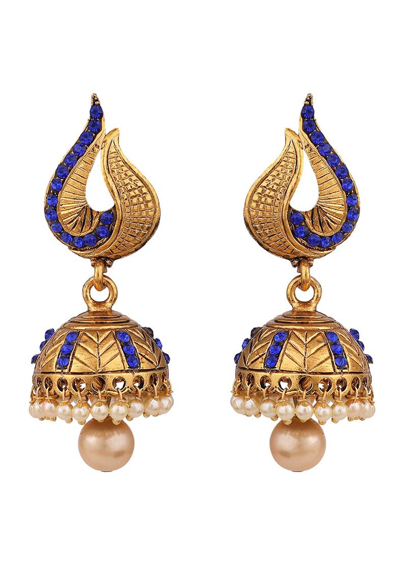 Blue Artificial Stone Bead Jhumka Earrings - Indya