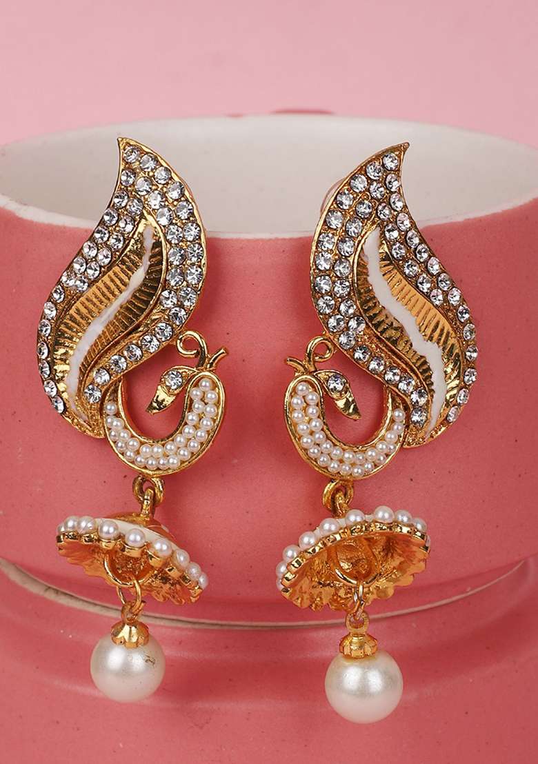 Gold Plated Cubic Zirconia Jhumka Earrings - Indya