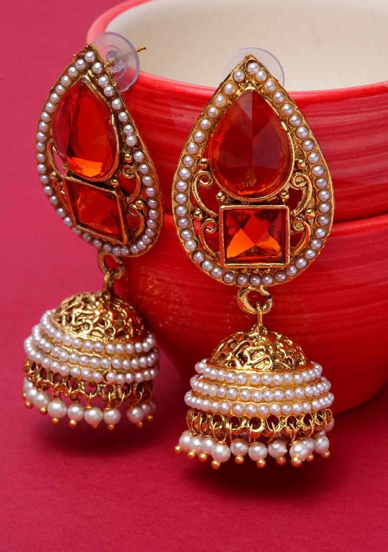 Gold Plated Artificial Stone Bead Jhumka Earrings