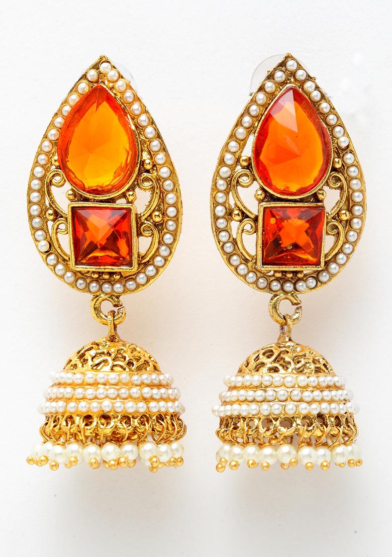 Gold Plated Artificial Stone Bead Jhumka Earrings