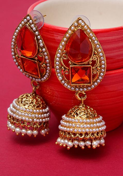 Gold Plated Artificial Stone Bead Jhumka Earrings
