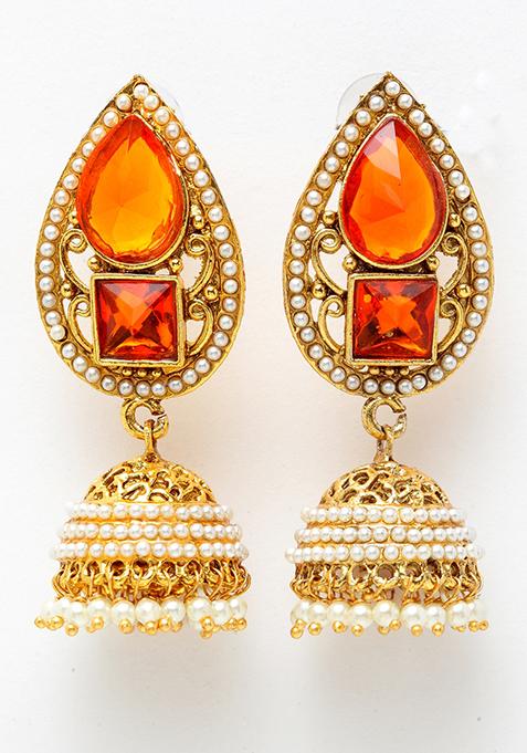 Gold Plated Artificial Stone Bead Jhumka Earrings
