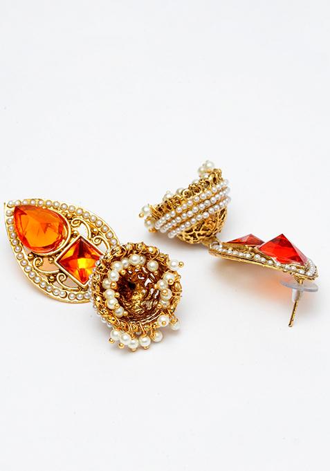 Gold Plated Artificial Stone Bead Jhumka Earrings