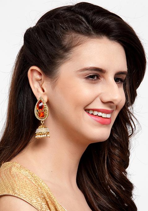 Gold Plated Artificial Stone Bead Jhumka Earrings