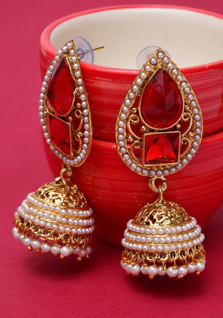 Red Artificial Stone Bead Jhumka Earrings