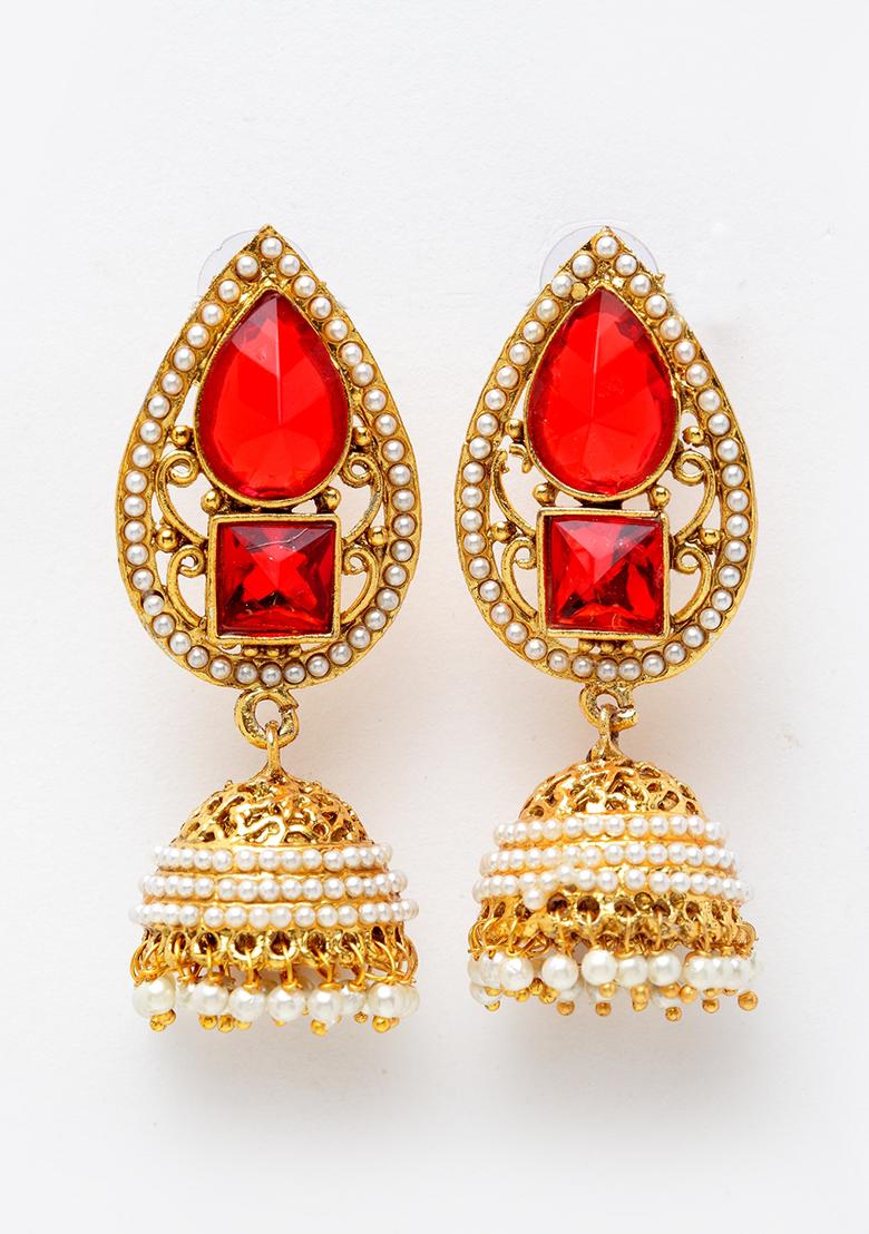 Red Artificial Stone Bead Jhumka Earrings