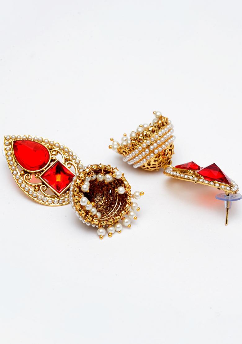 Red Artificial Stone Bead Jhumka Earrings