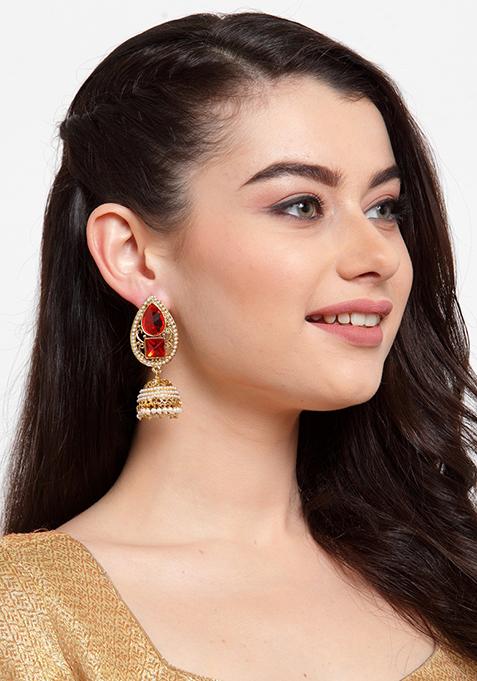 Red Artificial Stone Bead Jhumka Earrings
