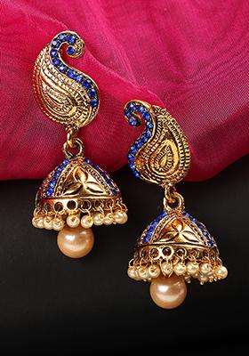 Blue Artificial Stone Bead Jhumka Earrings