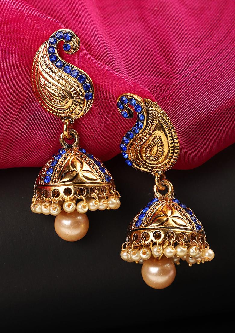 Blue Artificial Stone Bead Jhumka Earrings - Indya