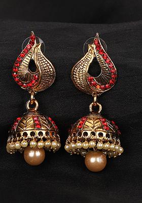 Red Cubic Zirconia Jhumka Earrings
