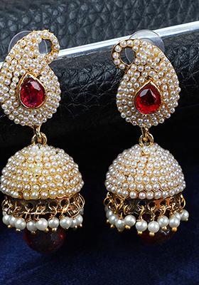 Red Pearl Jhumka Earrings