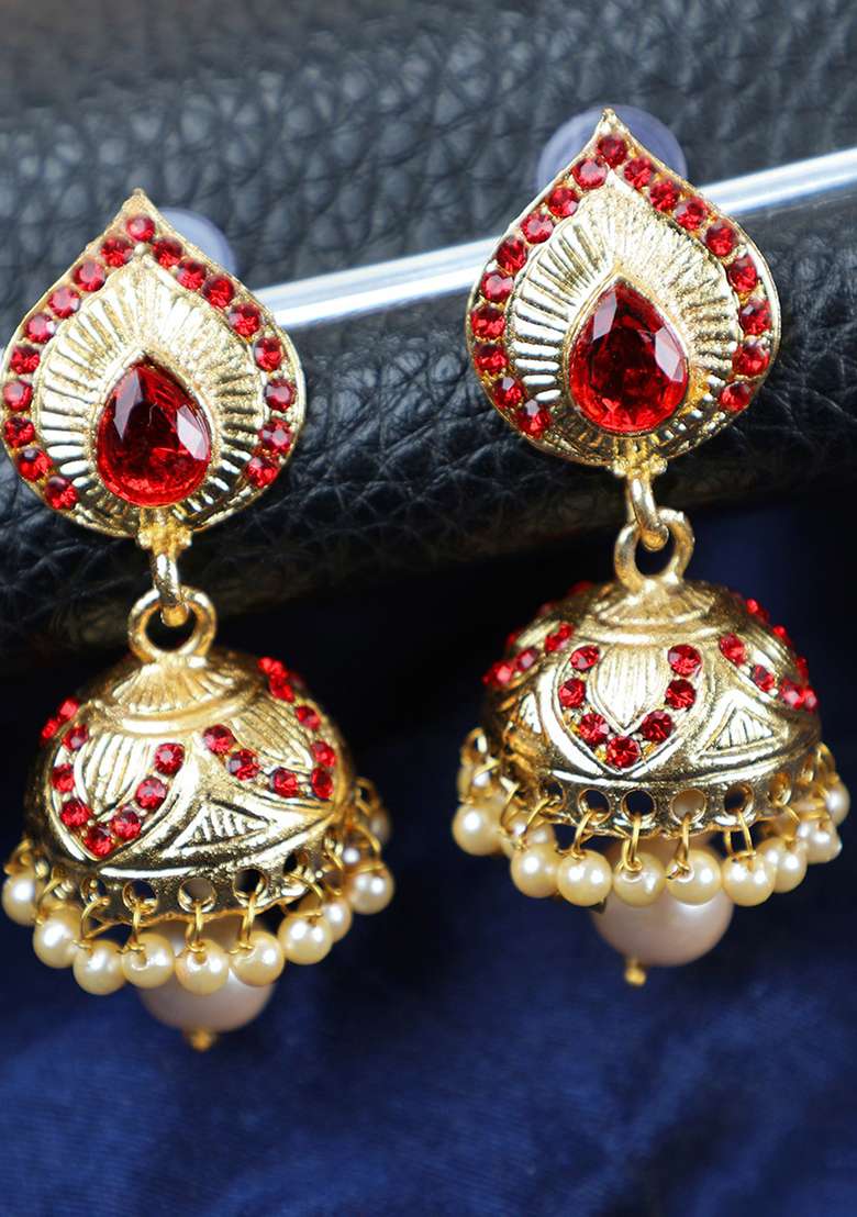 Red Cubic Zirconia Jhumka Earrings - Indya