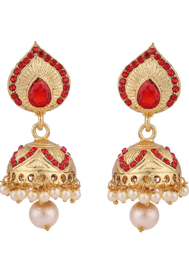 Red Cubic Zirconia Jhumka Earrings - Indya