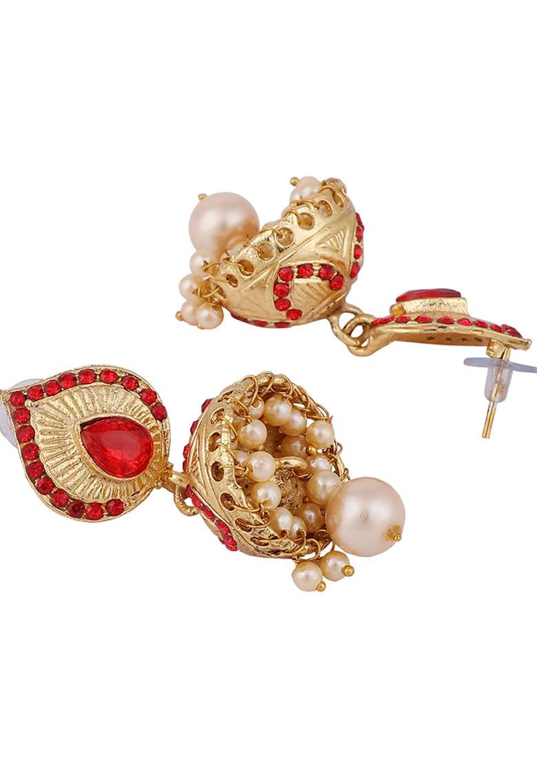 Red Cubic Zirconia Jhumka Earrings - Indya