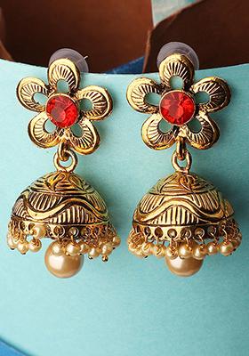 Red Artificial Stone Bead Jhumka Earrings