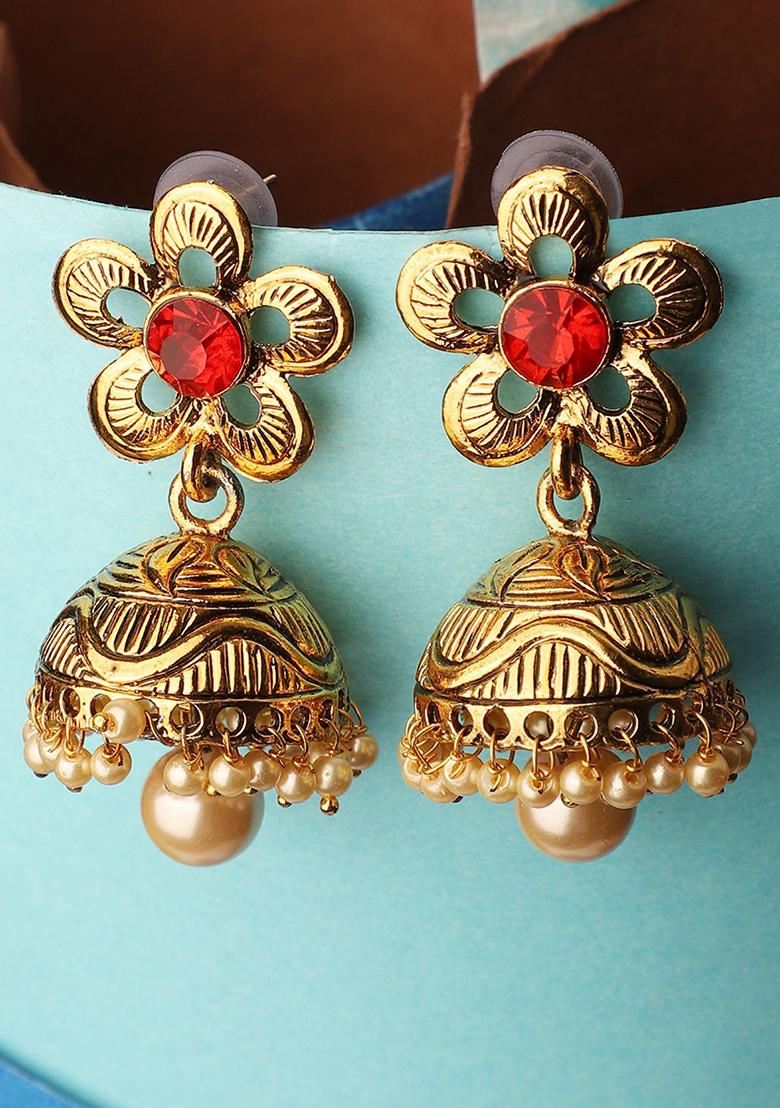 Red Artificial Stone Bead Jhumka Earrings