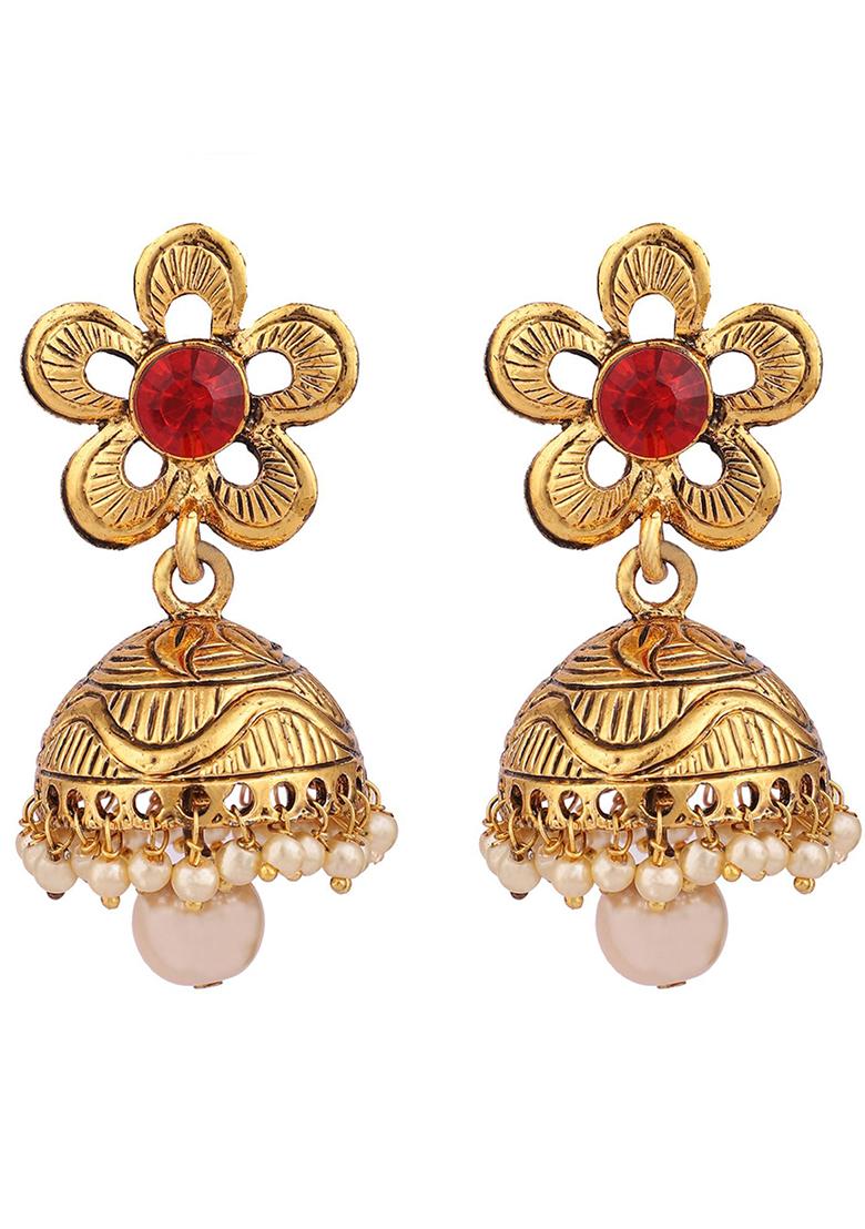 Red Artificial Stone Bead Jhumka Earrings
