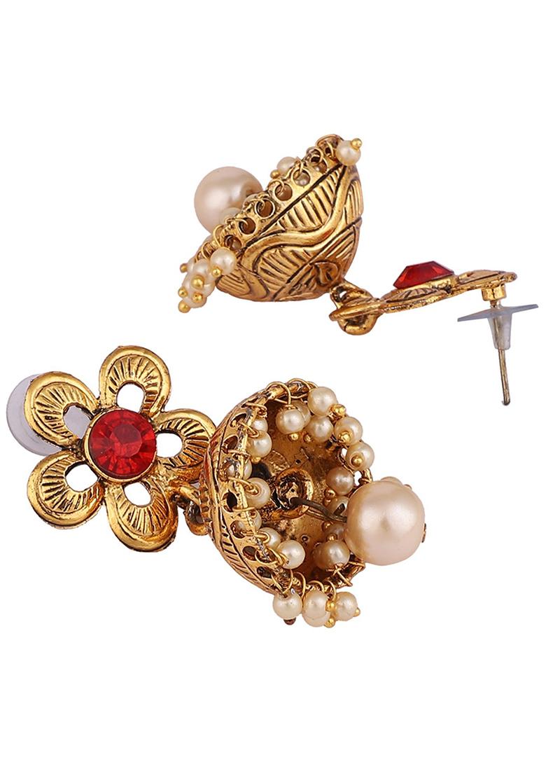 Red Artificial Stone Bead Jhumka Earrings