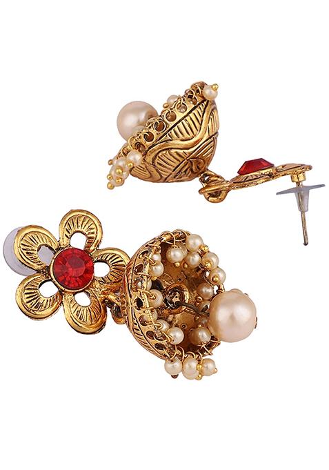Red Artificial Stone Bead Jhumka Earrings