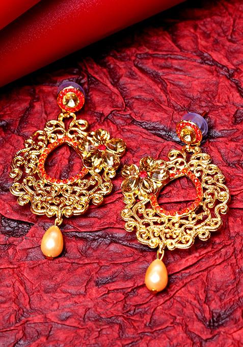 Orange Pearl Jhumka Earrings