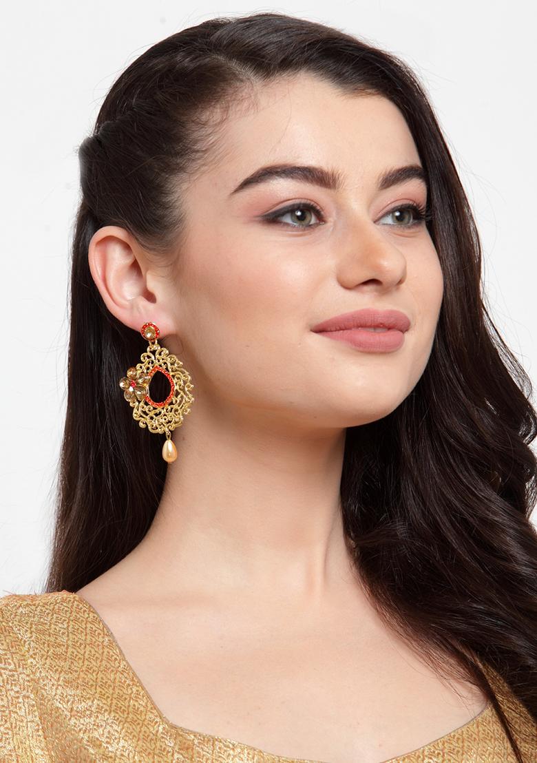Orange Cubic Zirconia Drop Earrings - Indya