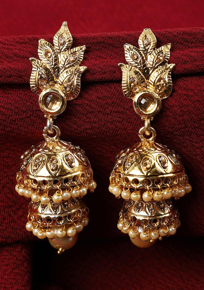 Gold Plated Artificial Stone Bead Jhumka Earrings