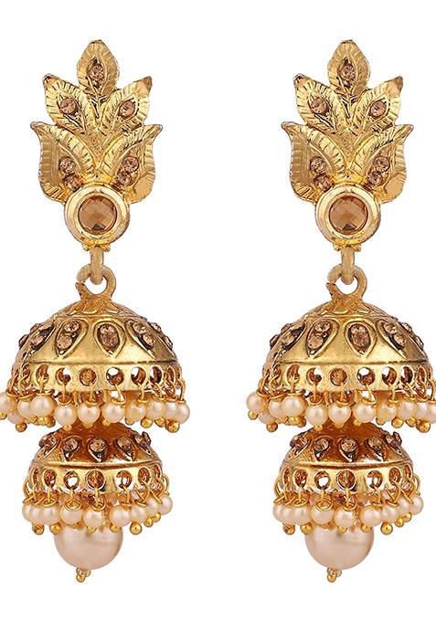 Gold Plated Artificial Stone Bead Jhumka Earrings