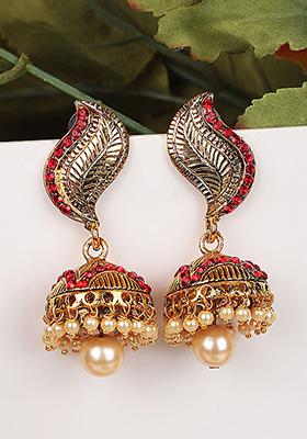 Red Artificial Stone Bead Jhumka Earrings