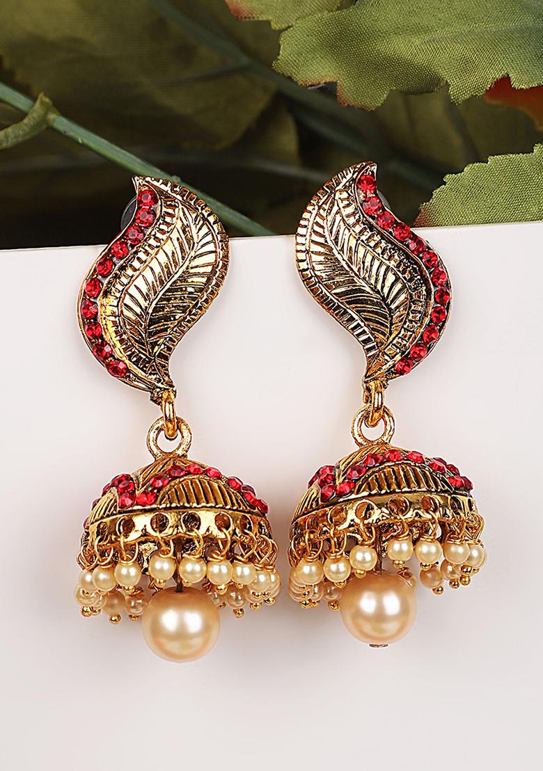 Red Artificial Stone Bead Jhumka Earrings