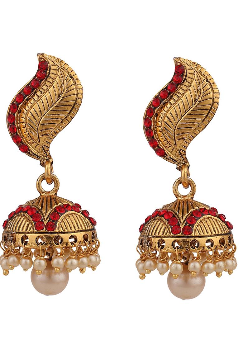 Red Artificial Stone Bead Jhumka Earrings
