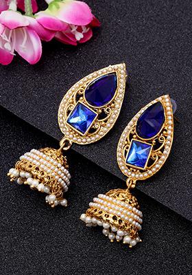 Blue Artificial Stone Bead Jhumka Earrings