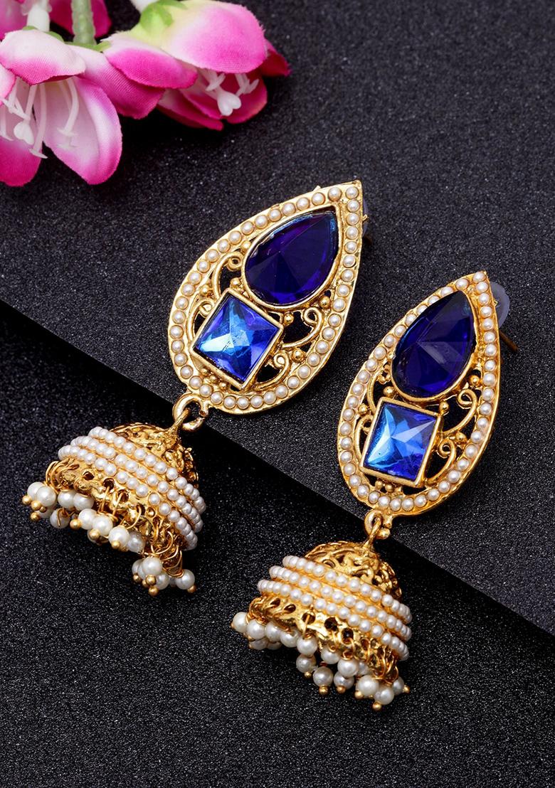 Blue Artificial Stone Bead Jhumka Earrings