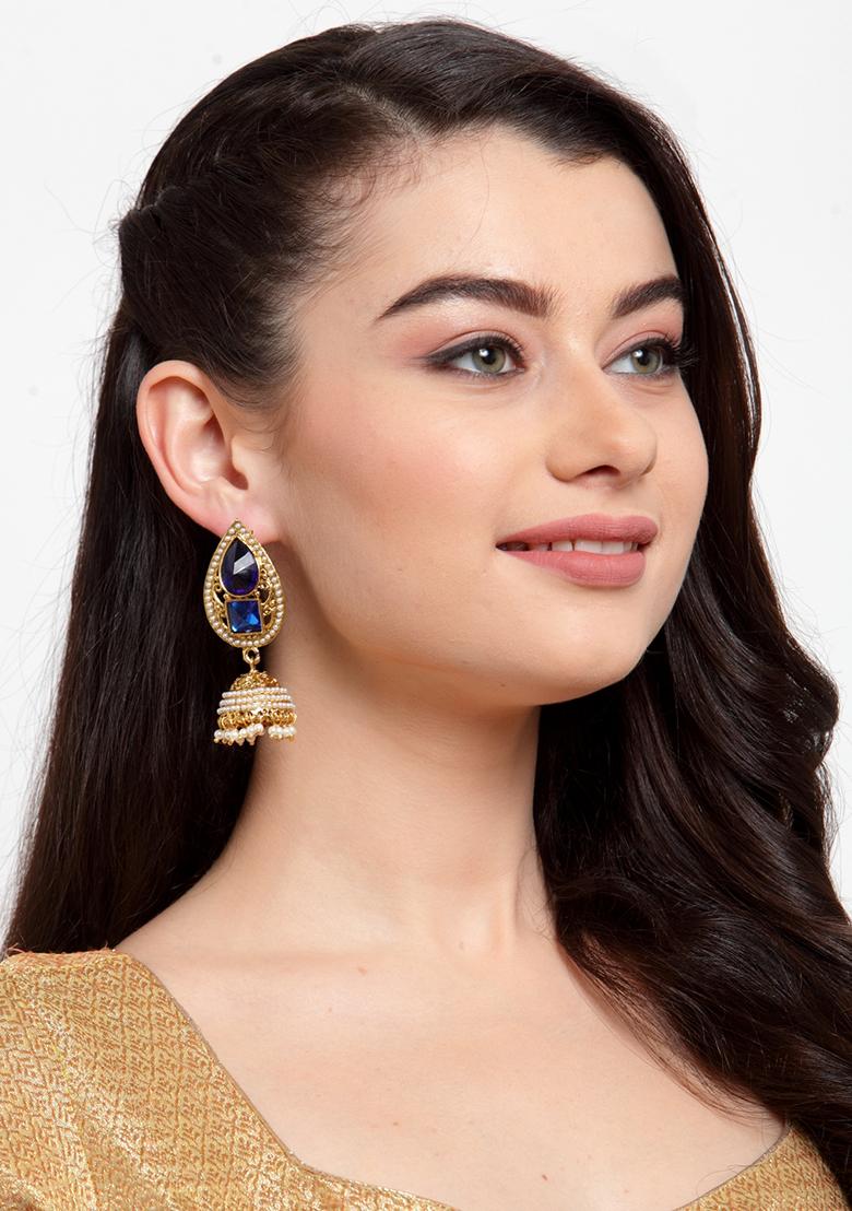 Blue Artificial Stone Bead Jhumka Earrings