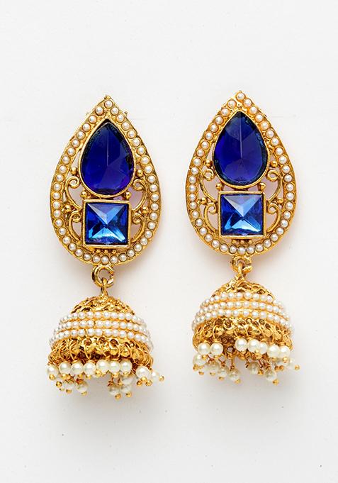 Blue Artificial Stone Bead Jhumka Earrings
