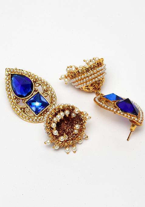 Blue Artificial Stone Bead Jhumka Earrings