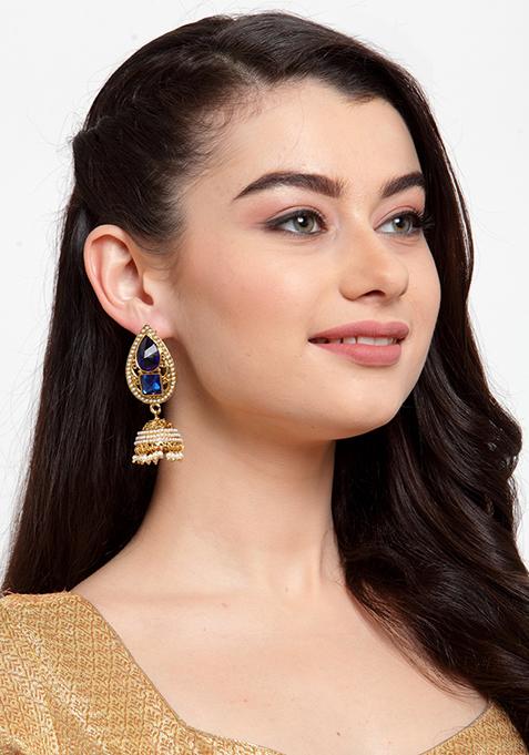 Blue Artificial Stone Bead Jhumka Earrings
