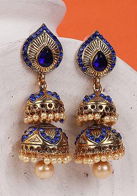 Blue Artificial Stone Bead Jhumka Earrings